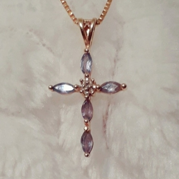 Solid 14k Gold Tanzanite Diamond Cross Pendant - Picture 10 of 14